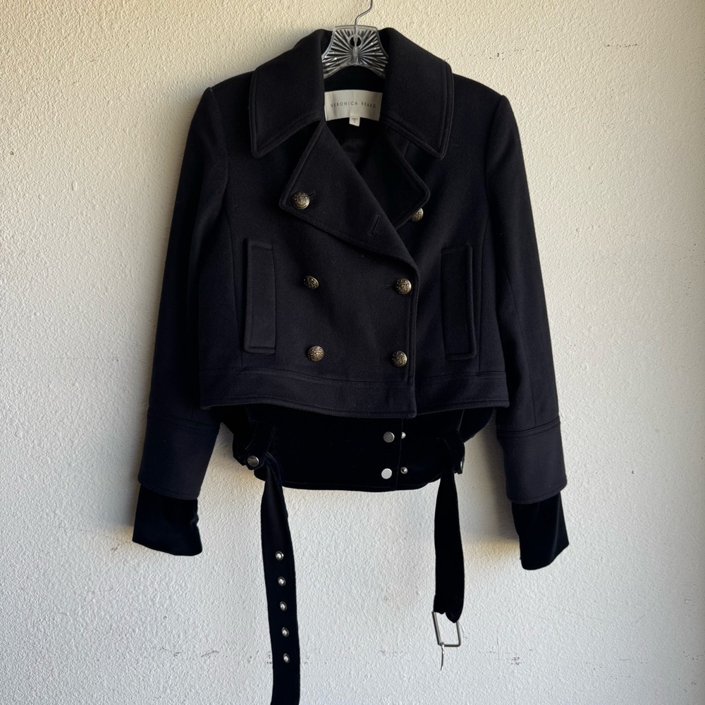 Veronica Beard Black YARA DOUBLE-BREASTED PEA-COAT JACKET with Velvet Hem Size 0 - Picture 4 of 8